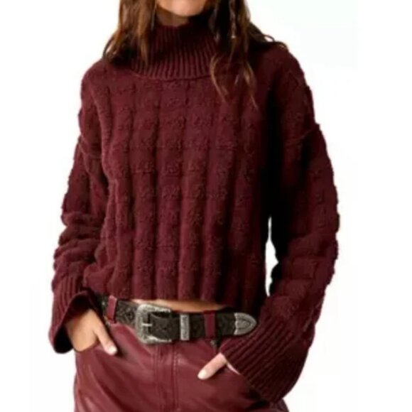 We the Free People Soul Searcher Mock Neck Textured Sweater Crop Wine FP - Picture 1 of 7